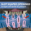 Load image into Gallery viewer, Closeup of a dog&#39;s mouth chewing Chewbrush, includes the text &quot;Slot shaped openings scrape off tartar &amp; plaque&quot;
