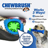 Load image into Gallery viewer, Product name in top left corner, a small dog holding a Chewbrush in its mouth,a dog&#39;s mouth chewing on a Chewbrush, includes text &quot;Works 3 Ways!&quot;, Brushes Teeth&quot;, &quot;Scrapes Off Tartar &amp; Plaque&quot;, &quot;Massages Gums&quot;, &quot;The Only Chewtoy With A Toothbrush Inside!&quot;
