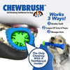 Load image into Gallery viewer, Product name in top left corner, a small dog holding a Chewbrush in its mouth,a dog's mouth chewing on a Chewbrush, includes text "Works 3 Ways!", Brushes Teeth", "Scrapes Off Tartar &amp; Plaque", "Massages Gums", "The Only Chewtoy With A Toothbrush Inside!"