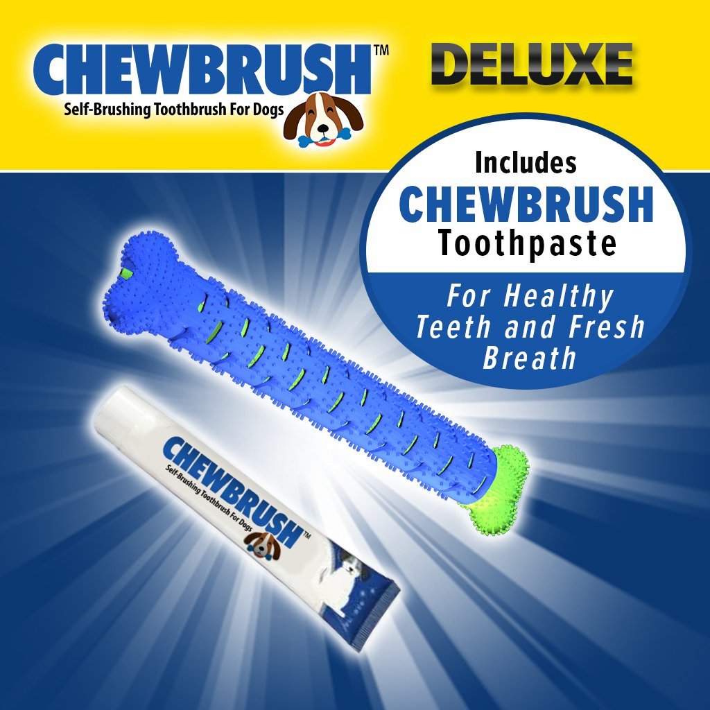 One Chewbrush, one Chewbrush toothpaste, product name in top left corner, includes text 
